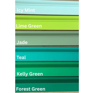 May include: A color palette featuring six shades of green, from light Icy Mint to deep Forest Green. Each color is labeled with its name in white text. The colors are arranged in horizontal bands, showcasing a range of hues.