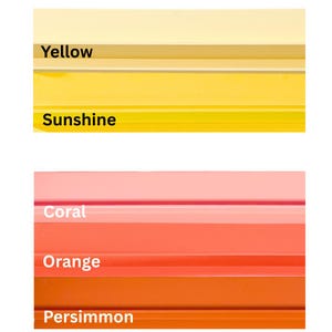 May include: A color palette featuring six horizontal bars in shades of yellow, coral, orange, and persimmon. The colors are labeled with the words "Yellow", "Sunshine", "Coral", "Orange", and "Persimmon".