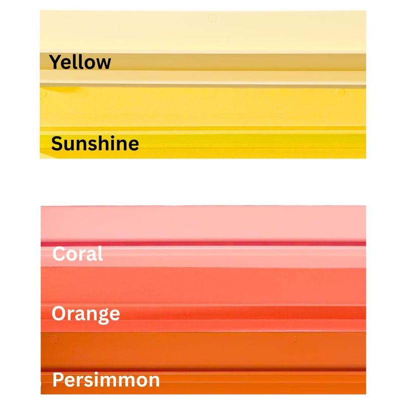 May include: A color palette featuring six horizontal bars in shades of yellow, coral, orange, and persimmon. The colors are labeled with the words "Yellow", "Sunshine", "Coral", "Orange", and "Persimmon".