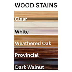 May include: Image showcasing six wood stain color options: Clear, White, Weathered Oak, Provincial, and Dark Walnut. The text "WOOD STAINS" is at the top. Each stain is displayed on a wooden plank, demonstrating the color variations.