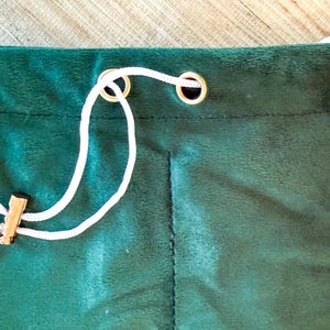 May include: A close-up of a dark green velvet drawstring bag. The bag has a white drawstring with a wooden toggle. The top of the bag has two gold-colored grommets. The bag is made of a soft, plush material.