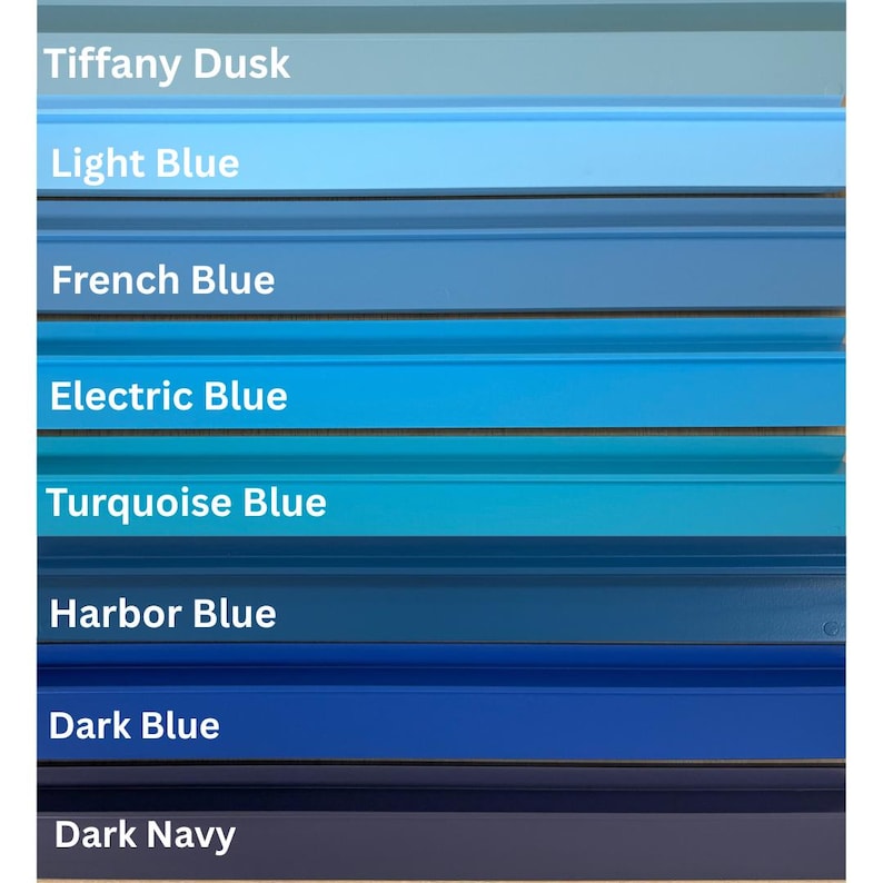 May include: A color palette featuring eight shades of blue, ranging from light to dark. The colors are labeled "Tiffany Dusk," "Light Blue," "French Blue," "Electric Blue," "Turquoise Blue," "Harbor Blue," "Dark Blue," and "Dark Navy."