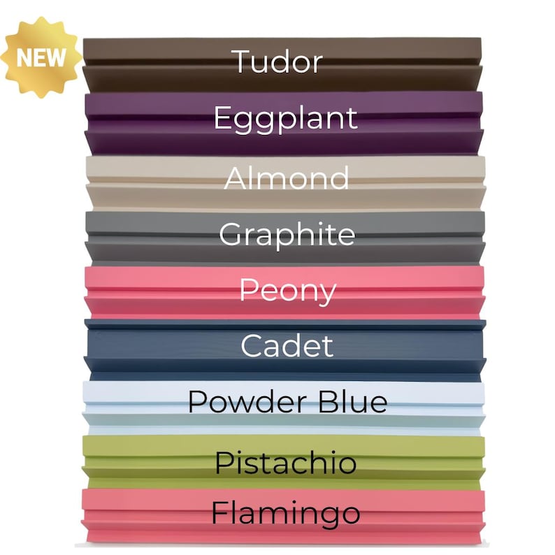 May include: A color palette featuring ten different paint colors, including Tudor, Eggplant, Almond, Graphite, Peony, Cadet, Powder Blue, Pistachio, and Flamingo. The word "NEW" is in a gold starburst.