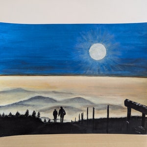 Paisaje atardecer, acrílico sobre cartón.