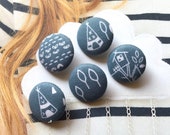 Handmade Country Kawaii Blue White Camping Children Nature Tree Fabric Covered Buttons, Nature Fridge Magnets, 1.1 quot 5 39 s