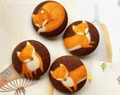 Handmade Kawaii Dark Warm Brown Fox Motif Woodland Animal Fabric Covered Buttons, Woodlands Animal Fridge Magnets, 1.2 quot 4 39 s