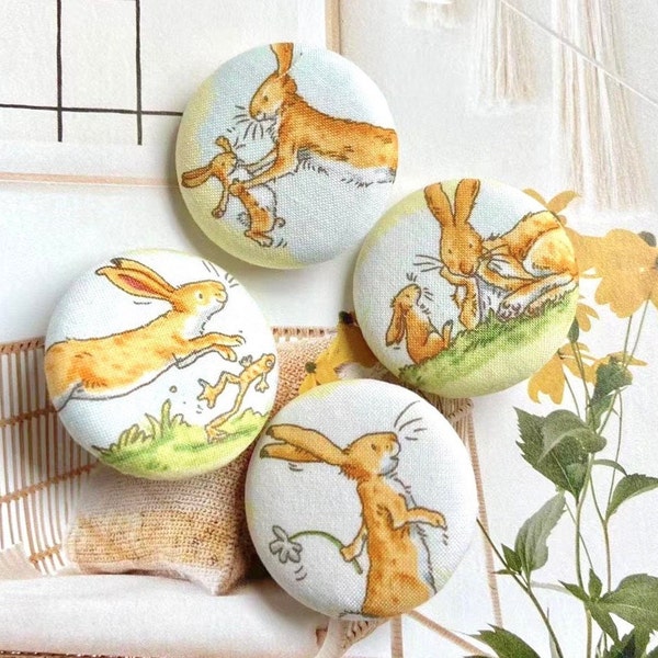 Handmade Large Yellow Bunny Rabbit Love You To The Moon Animal Lapin Fabric Covered Button Bouton, Rabbit Fridge Magnets, 1.5" 4's