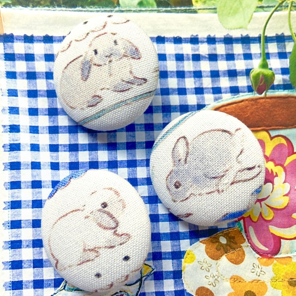 Handmade Large White Grey Gray Bunny Rabbit Easter Animal Fabric Covered Buttons, Rabbit Bunny Fridge Magnets, 1.2" 3's