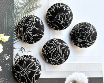 Handmade Black White Noir Blanc Floral Flower Fleur Coat Jacket Dress Fabric Covered Button Bouton, Flower Fridge Magnets, CHOOSE SIZE 5's