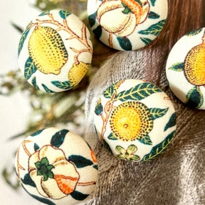 Handmade Cream Creme Yellow William Morris Citrus Fruits Floral Flower Fabric Covered Button Bouton, William Morris Fridge Magnet, 1.1 5's image 2