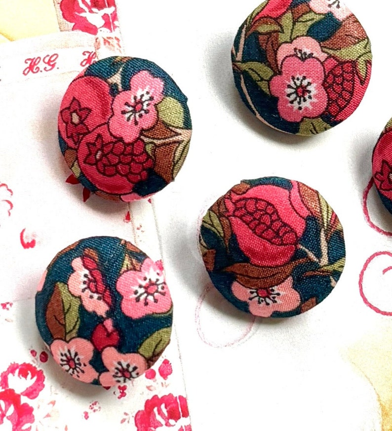 Handmade Liberty Of London Dark Navy Blue Red Pink Bleu Rose Fleur Flower Fabric Button Boutons , Liberty Fridge Magnet, CHOOSE SIZE 5's image 2