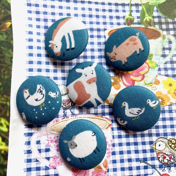 Handmade Blue White Pink Cow Horse Pig Sheep Chicken Farm Ferme Animal Animaux Fabric Buttons Boutons , Farm Animal Fridge Magnets, 1.2"