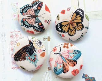 Handmade Large Spring Butterfly Flowers Insect Fabric Covered Buttons, Butterfly Fridge Magnets, Flat Backs, 1.5" 4's