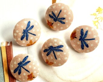 Handmade Peach Blue Peche Bleu Dragonfly Flower Fleur Libellule Coat Jacket Fabric Covered Button Boutons, Flat Backs, CHOOSE SIZE " 5's