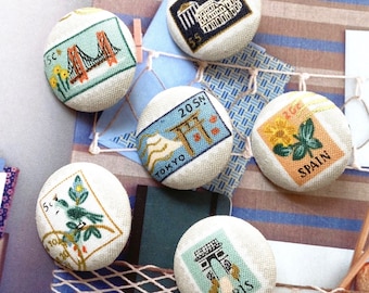 Handmade Vacation Holiday Postal Script Airmail Stamps Fabric Covered Button, French Postal Airmail Fridge Magnets, 1.2" 6's