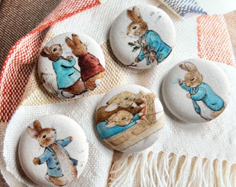 Handmade Large Peter Rabbit Lapin Animal Children Fabric Covered Buttons Bouton, Peter Rabbit Fridge Magnets, 1.5 Inches 5's