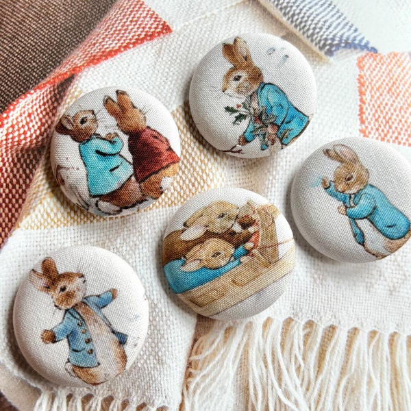 Handmade Large Peter Rabbit Lapin Animal Children Fabric Covered Buttons Bouton, Peter Rabbit Fridge Magnets, 1.5 Inches 5's