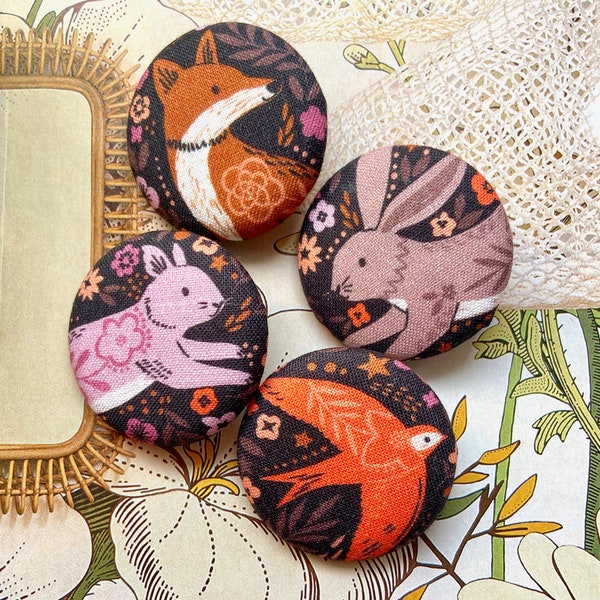 Handmade Large Brown Pink Fox Squirrel Bunny Rabbit Lapin Renard Fabric Covered Button Bouton,  Animal Fridge Magnets, Flat Back, 1.5"