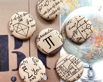 Handmade Large Beige Black Mathematics Maths Teacher Geek Novelty Fabric Covered Buttons, School Maths Fridge Magnets, 1.5 Inches 6's