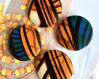 Handmade Large Blue Orange Black African Afrique Print Fabric Covered Buttons, Tribal African Fridge Magnets, Flat Back, 1.5" , 4's