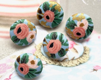 Handmade Blue Pink Gold Bleu Rose Fleur Flower Floral Coat Jacket Fabric Covered Buttons Boutons, Flower Magnets, Flat Backs, 1 Inch 5's