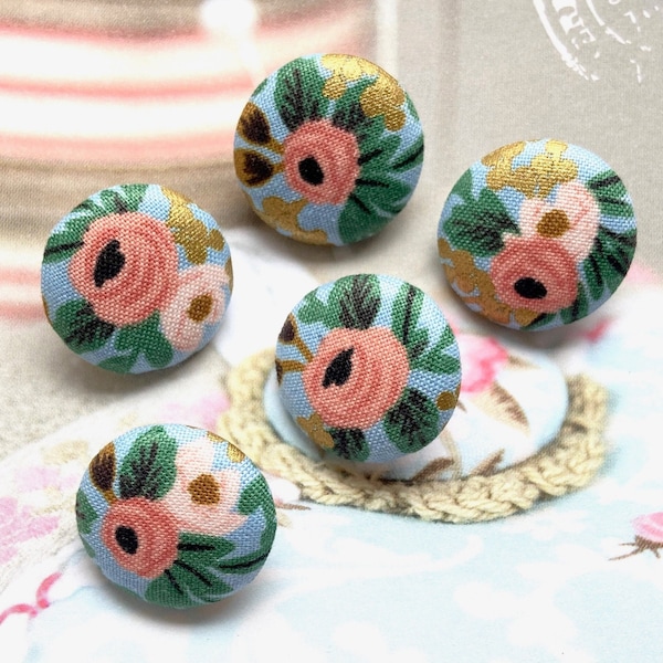 Handmade Blue Pink Gold Bleu Rose Fleur Flower Floral Coat Jacket Fabric Covered Buttons Boutons, Flower Magnets, Flat Backs, 1 Inch 5's