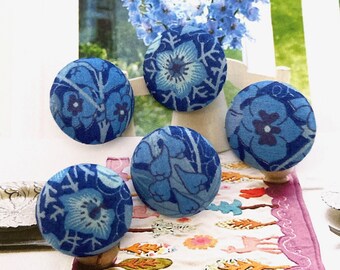 Handmade Light Dark Navy Blue Bleu Fleurs Floral Flower Dress Coat Jacket Fabric Covered Buttons Boutons, Flat Backs, CHOOSE SIZE 5's