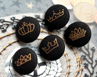 Handmade Black Gold Noir Or Queen King Crown Couronne Manteau Robe Jacket Dress Fabric Covered Button Bouton, Flat Backs, 0.8 Inches 5's