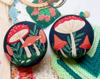 Handmade Large Off Navy Blue Green Red Forest Mushroom Fabric Covered Buttons, Forest Mushroom Fridge Magnet, 1.5 inches 2's