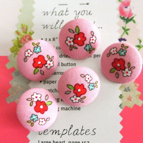 Handmade Small White Pink Red Rose Rouge Fleur Floral Flower Fabric Covered Buttons Boutons, Flat Backs, 0.8 Inches 5's