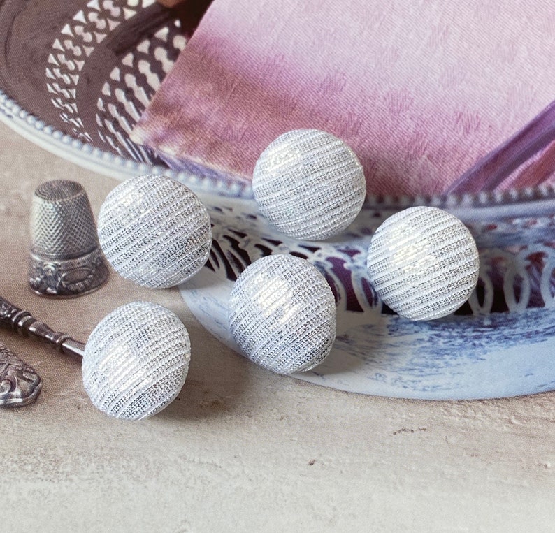 CHOOSE SIZE 5/'s Handmade Fabric Buttons Silver Shimmer Wedding Jacket Dress Fabric Buttons