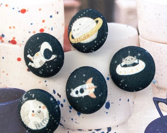 Handmade Dear Stella To The Moon Dark Navy Blue Outer Space Aliens Earth Rocket Space Ship Fabric Covered Buttons, Flat Backs, 1 Inch 5's