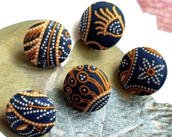 Handmade Small Dark Blue Marine Brown Batik Tribal Ethnic Floral Flowers Fabric Covered Buttons, Flat Backs, 0.75" 5's