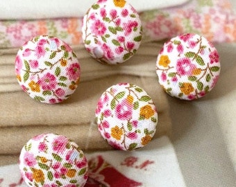 Handmade Small Pink Yellow Green Dainty Floral Flower Fabric Covered Buttons, Flat Backs, CHOOSE SIZE 5's