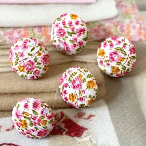 Handmade Small Pink Yellow Green Petit Rose Vert Fleur Floral Flower Fabric Covered Buttons Boutons, Flat Backs, CHOOSE SIZE 5's