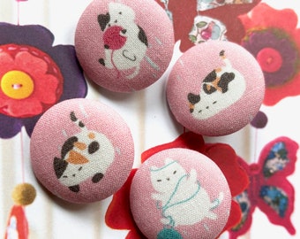 Handmade Pink Rose White Cat Kitten Chat Chaton Animal Fabric Button Bouton , Cats Animal Fridge Magnets, Flat Backs, 1.2 Inches 4's