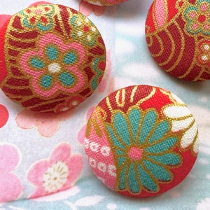 Handmade Red Pink Blue Gold Japanese Japonais Cherry Blossom Sakura Floral Flowers Fabric Buttons Bouton, Japanese Fridge Magnets, 1.2 4's image 3