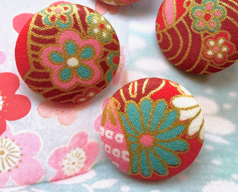 Handmade Red Pink Blue Gold Japanese Japonais Cherry Blossom Sakura Floral Flowers Fabric Buttons Bouton, Japanese Fridge Magnets, 1.2 4's image 3