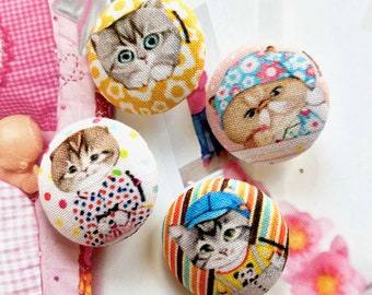 Handmade Colorful Cat Kitten Chat Chaton Animal Costume Fabric Covered Buttons Boutons, Cat Kitten Fridge Magnets, Flat Backs, 1.1" 4's