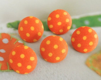 Handmade Orange Yellow Polka Dots Decorative Fabric Covered Buttons, Polka Dots Fridge Magnets, Flat Back, CHOOSE SIZE 5's