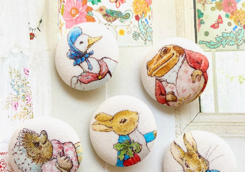 Handmade Large Peter Rabbit Lapin Children Coat Manteau Dress Fabric Covered Buttons Bouton, Peter Rabbit Fridge Magnets, 1.2 Inches 6's image 2