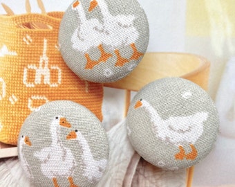 Handmade Grey Gray White Gris Goose Geese oie Farm Animal Animaux Fabric Buttons Boutons , Goose Geese Animal Fridge Magnets, 1.1" 3's