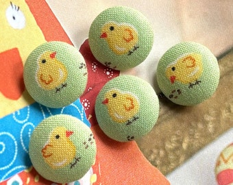 Handmade Small Yellow Green Chick Chicken Poulet Poussin Farm Animal Robe Dress Coat Manteau Fabric Buttons Bouton, Flat Backs, 0.75 " 5's