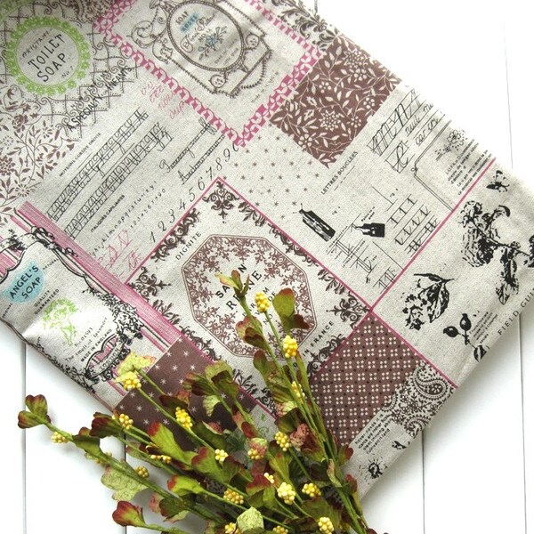 Zakka Vintage Style Shabby Chic Pink Brown Flower Flower Motif Birds Soap Advertizement Fabric Cloth 58 x 19 Inches