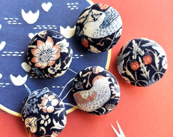 Handmade Dark Blue Pink William Morris Free Spirit Bird Floral Flower Fabric Covered Button Bouton, Bird Flower Fridge Magnets, 1.1 " 5's