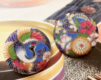 Handmade Large Japanese Japonais Dark Blue Floral Flower Crane Bird Osieau Fabric Covered Button Bouton, Crane Bird Fridge Magnet, 1.5" 2's