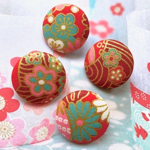 Handmade Red Pink Blue Gold Japanese Japonais Cherry Blossom Sakura Floral Flowers Fabric Buttons Bouton, Japanese Fridge Magnets, 1.2 4's image 1