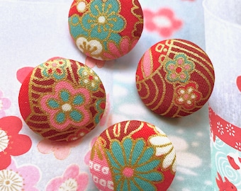 Handmade Red Pink Blue Gold Japanese Japonais Cherry Blossom Sakura Floral Flowers Fabric Buttons Bouton, Japanese Fridge Magnets, 1.2" 4's