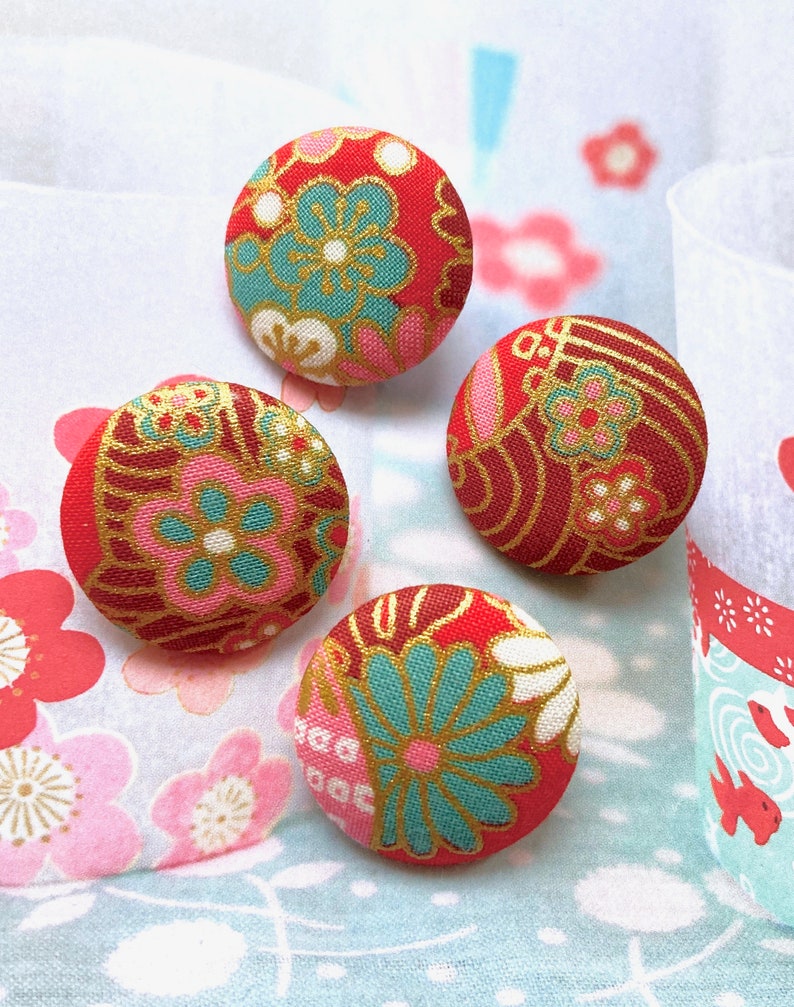 Handmade Red Pink Blue Gold Japanese Japonais Cherry Blossom Sakura Floral Flowers Fabric Buttons Bouton, Japanese Fridge Magnets, 1.2 4's image 1