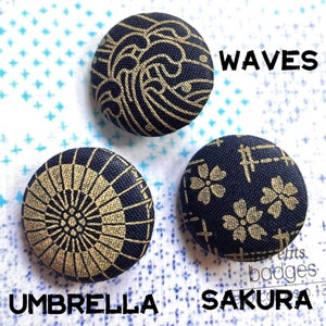 Handmade Navy Dark Blue Japanese Origami Crane Sakura Waves Floral Fabric Covered Buttons, Japanese Magnets, CHOOSE DESIGN, 1.1 Inches 5' image 2